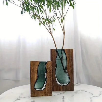 Organic-Shaped glass in Wooden frame Vase