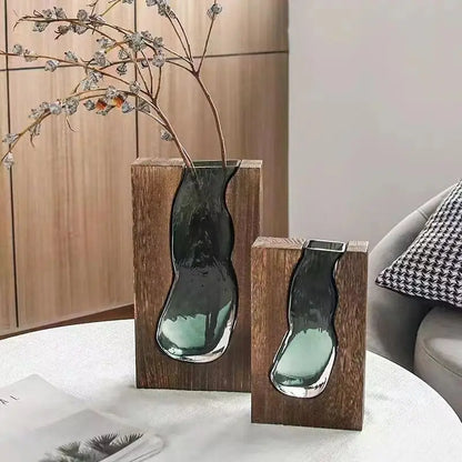 Organic-Shaped glass in Wooden frame Vase