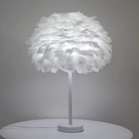 Elegant Feather Table Lamp-White feathers - White pole -45cm