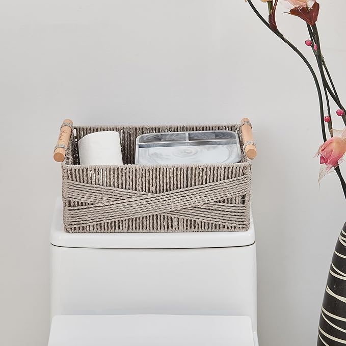 Woven Storage Baskets with Wooden Handles - Set of 3