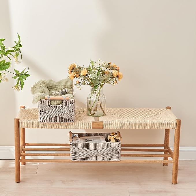 Woven Storage Baskets with Wooden Handles - Set of 3