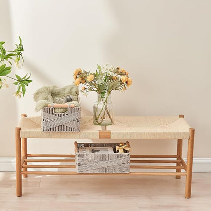 Woven Storage Baskets with Wooden Handles - Set of 3