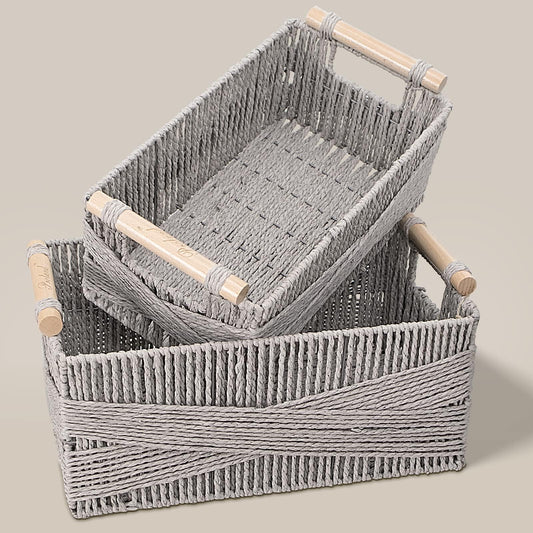 Woven Storage Baskets with Wooden Handles - Set of 3