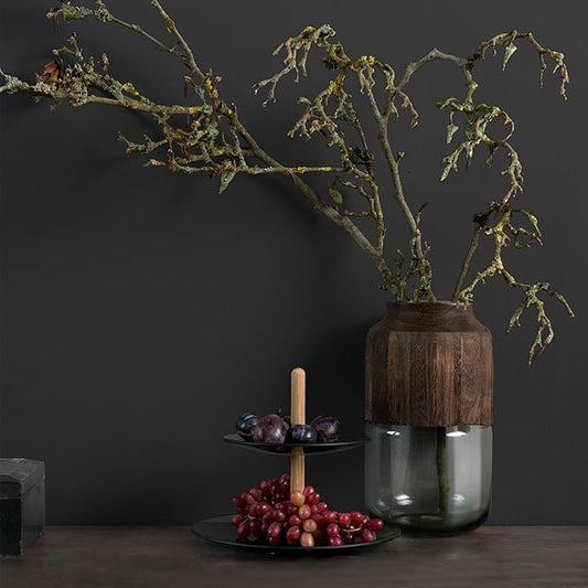 Large Smokey Glass & Wooden Upper Vase