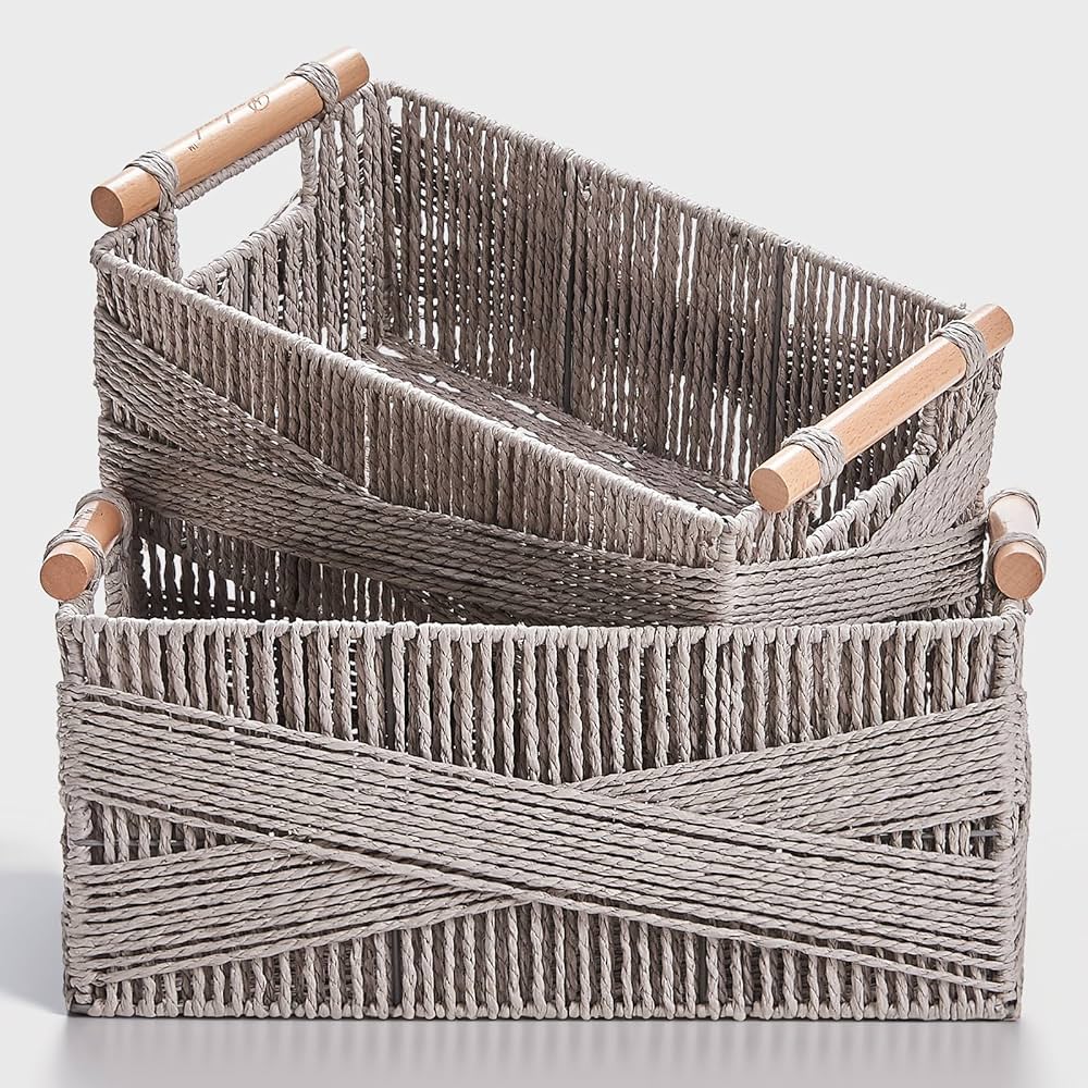 Woven Storage Baskets with Wooden Handles - Set of 3