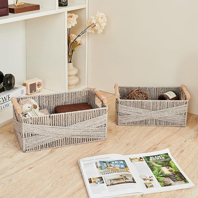 Woven Storage Baskets with Wooden Handles - Set of 3