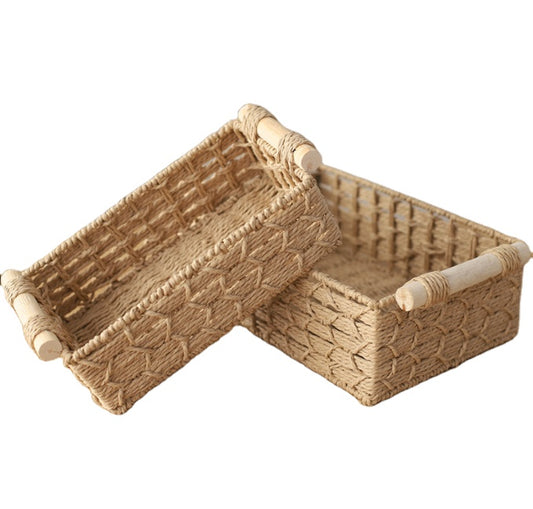 Handwoven Rectangular Storage Baskets with Wooden Handles - Set of 3