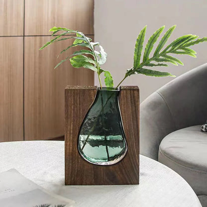 Bell shaped Glass insert Vase with wooden frame