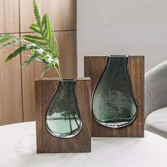 Bell shaped Glass insert Vase with wooden frame