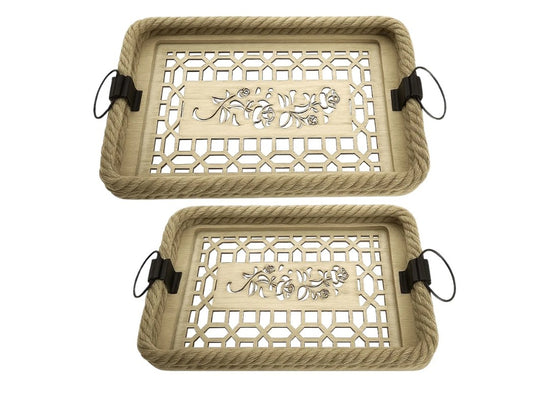 Rustic Wooden Serving Trays with Rope Detailing – Set of 2