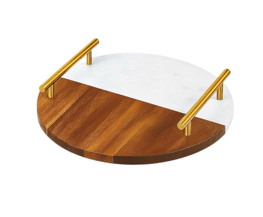 Round Wooden & Marble Serving Board with Handles