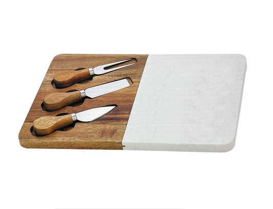 Wood & Marble Cheese Board with 3-Piece Knife Set