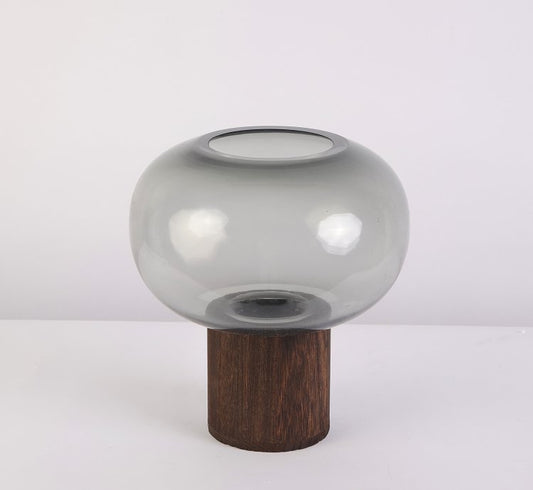 Round Glass Vase with Wooden Base